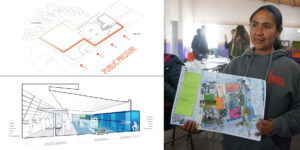 Three separate project images grouped together, including a diagram of an abortion clinic with the words Public Pressure pointing toward the entrance, a rendering of an inclusive public restroom including areas for grooming, washing, and eliminating, and an image of a woman with medium-light complexion holding up a collage as part of a project to explore ideas to reinvigorate a public plaza.
