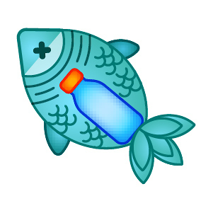 A cartoonish emoji of a dead fish with a blue plastic water bottle inside its body.