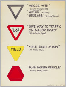A sheet of paper with four vertically stacked symbols related to traffic signs, including two upside down triangles in black, red and yellow (reading "yield") and a right side up red triangle with flattened points.
