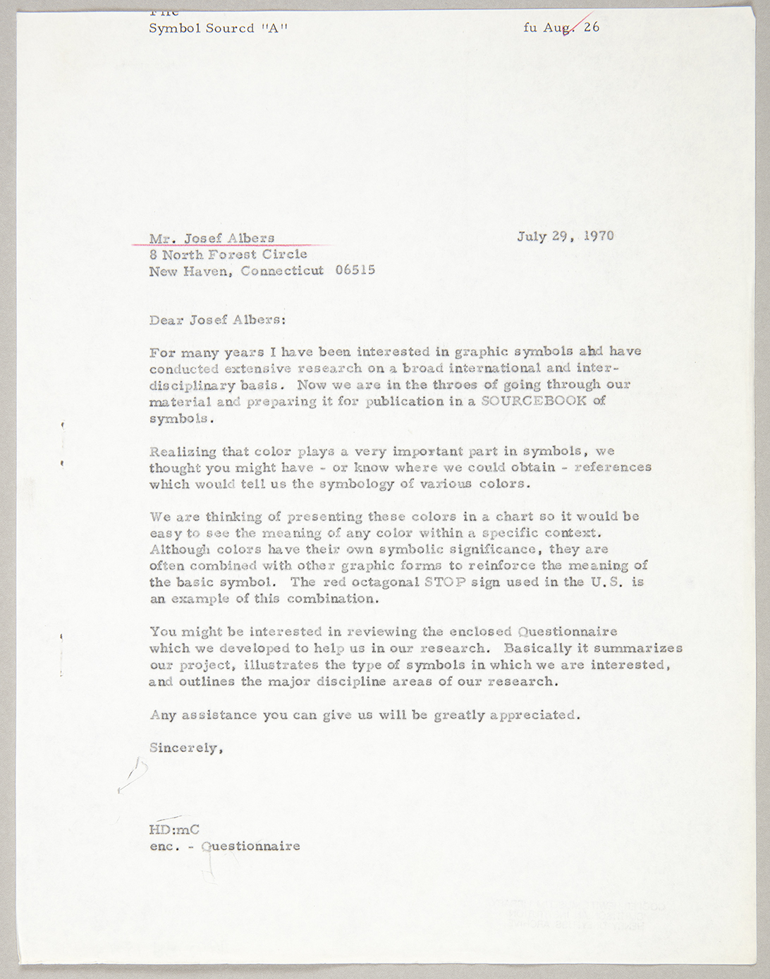 A July 1970 typeset letter to Josef Albers from Henry Dreyfuss expressing Dreyfuss's interest in collection symbols.