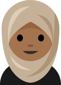 A medium-dark skin tone emoji depicting a smiling woman from the shoulders up wearing a black shirt and a tan headscarf.