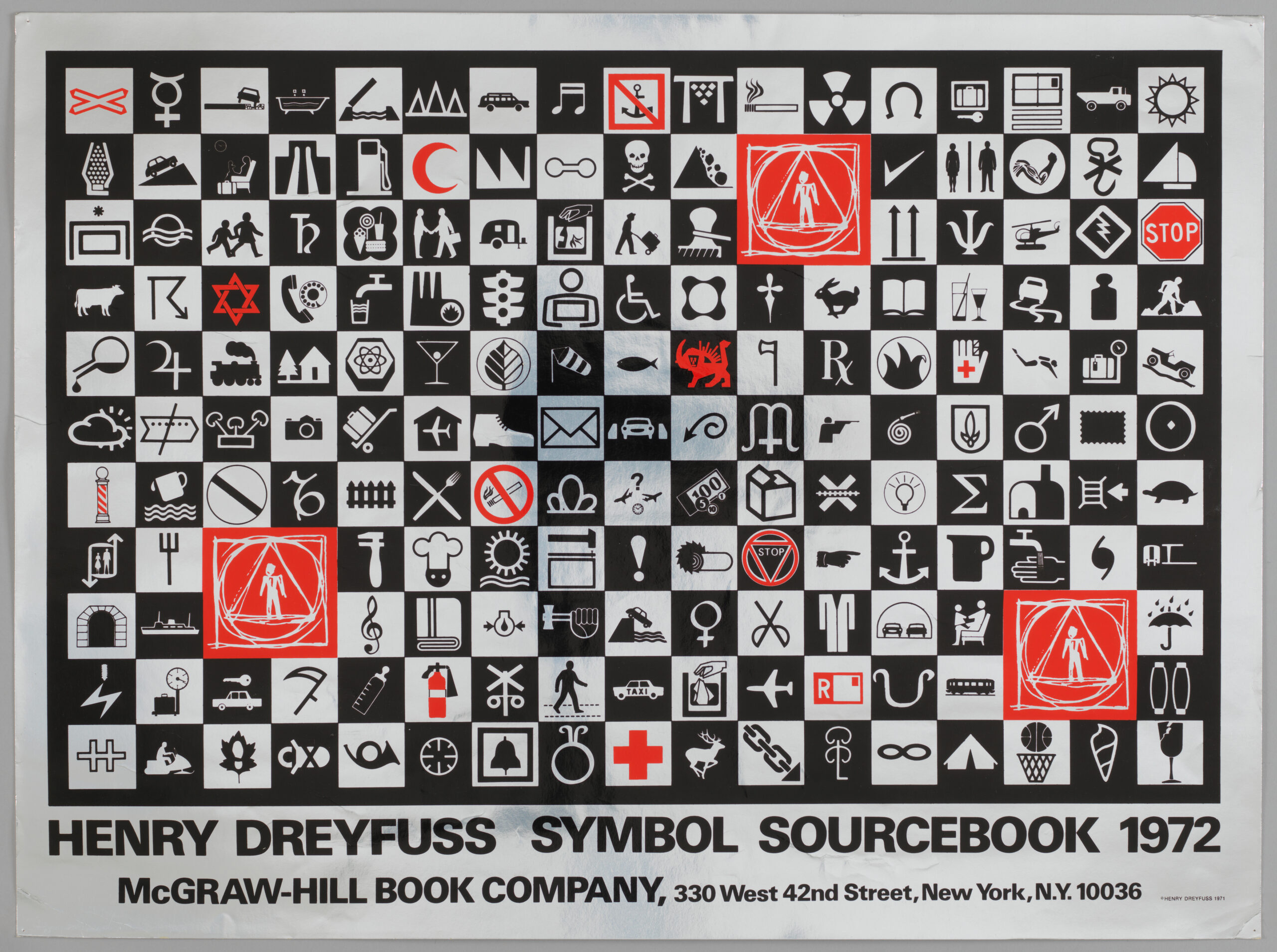 A horizontal poster titled [Henry Dreyfuss Symbol Sourcebook 1972] featuring a black and white checkered grid of symbols with red accents.