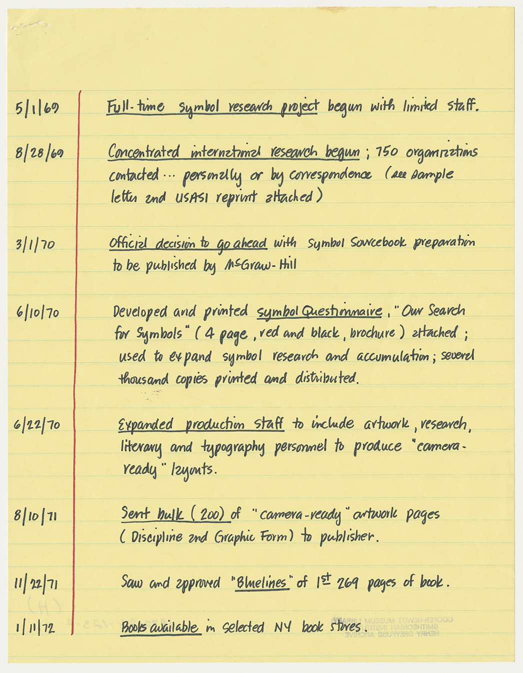 Page two of a handwritten timeline on yellow line paper, with text written neatly in black with red underlining. Full transcript of the document at the bottom of the webpage.