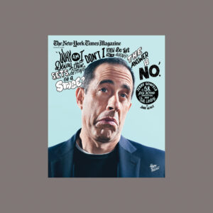 A New York Times Magazine cover image featuring Jerry Seinfeld with an exaggerated frown, on a light blue background.