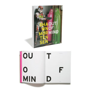 An open book pictured below an image of the book cover; in bold text across the spread, the text on the open book reads “OUT OF MIND.”