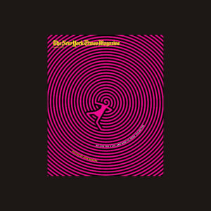 A New York Times Magazine cover with pink and black spiral leading to the outline of a person at the center.