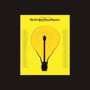 A bright yellow New York Times Magazine cover with the depiction of a large lightbulb, in which the bulb shape is honey and the wire stem is a honey dipper stick.