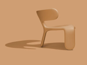 A peach-colored chair with curved features faces the right, casting a dark shadow to the left.