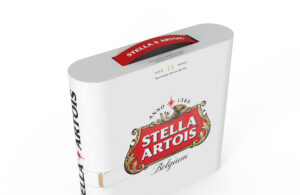 A white, tall and rectangular case with the Stella Artois logo on front and a red handle on top.