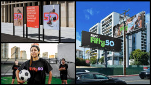 Three photographs including posters, billboards, and t-shirts all including text reading “FIFTY50.”