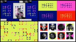 A combination of small black and white portraits surrounded with graphic typology in navy, pink, yellow, and red.