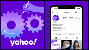 A blue-purple illustration of mechanical gears above the text “yahoo!” to the left of an iPhone screen showing Yahoo’s Instagram page