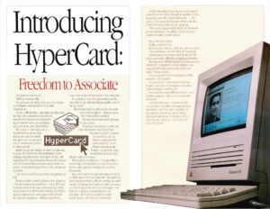 Text of an article with the header “Introducing HyperCard: Freedom to Associate” with an old computer desktop and keyboard on the right side.