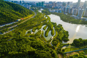 An aerial view of a body of water at the edge of a city, with abundant greenery.
