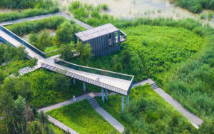 A grey geometric pathway is surrounded by green grass; in the center a portion of the pathway is elevated.