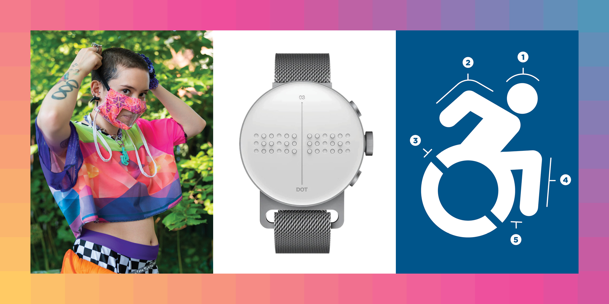 A photo of a person donning a vibrant pink, patterned face mask with a clear panel in the center, followed by a photo of a gray smartwatch with a Braille interface, followed by the international symbol of accessibility, which is an icon of a wheelchair user in motion, with lines identifying different parts of the symbol's design.
