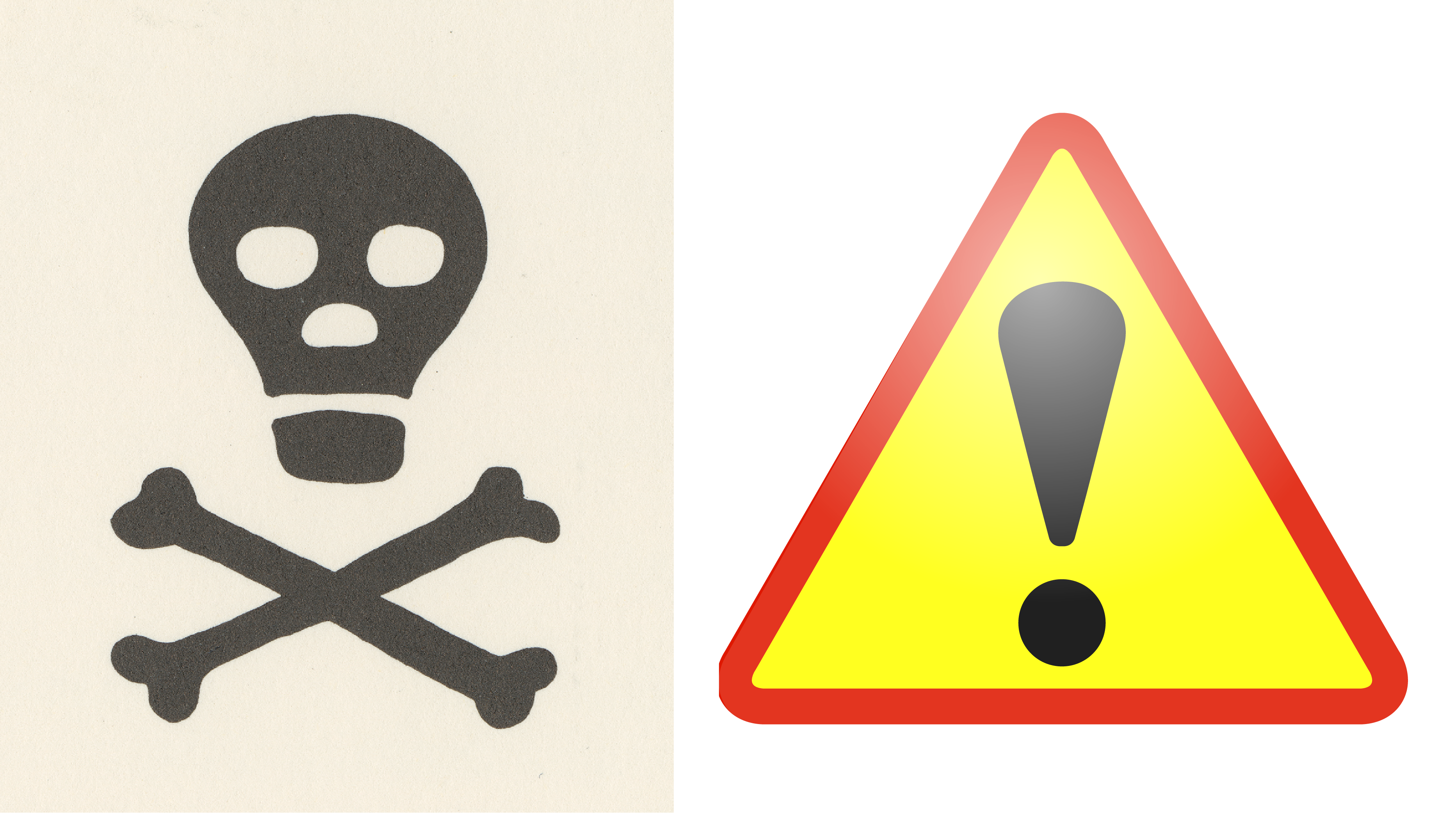 Side by side images of symbols for poison. On the left, a graphic depiction of a skull and crossbones; on the right, a yellow triangle with a red outline and a black exclamation point in the center.