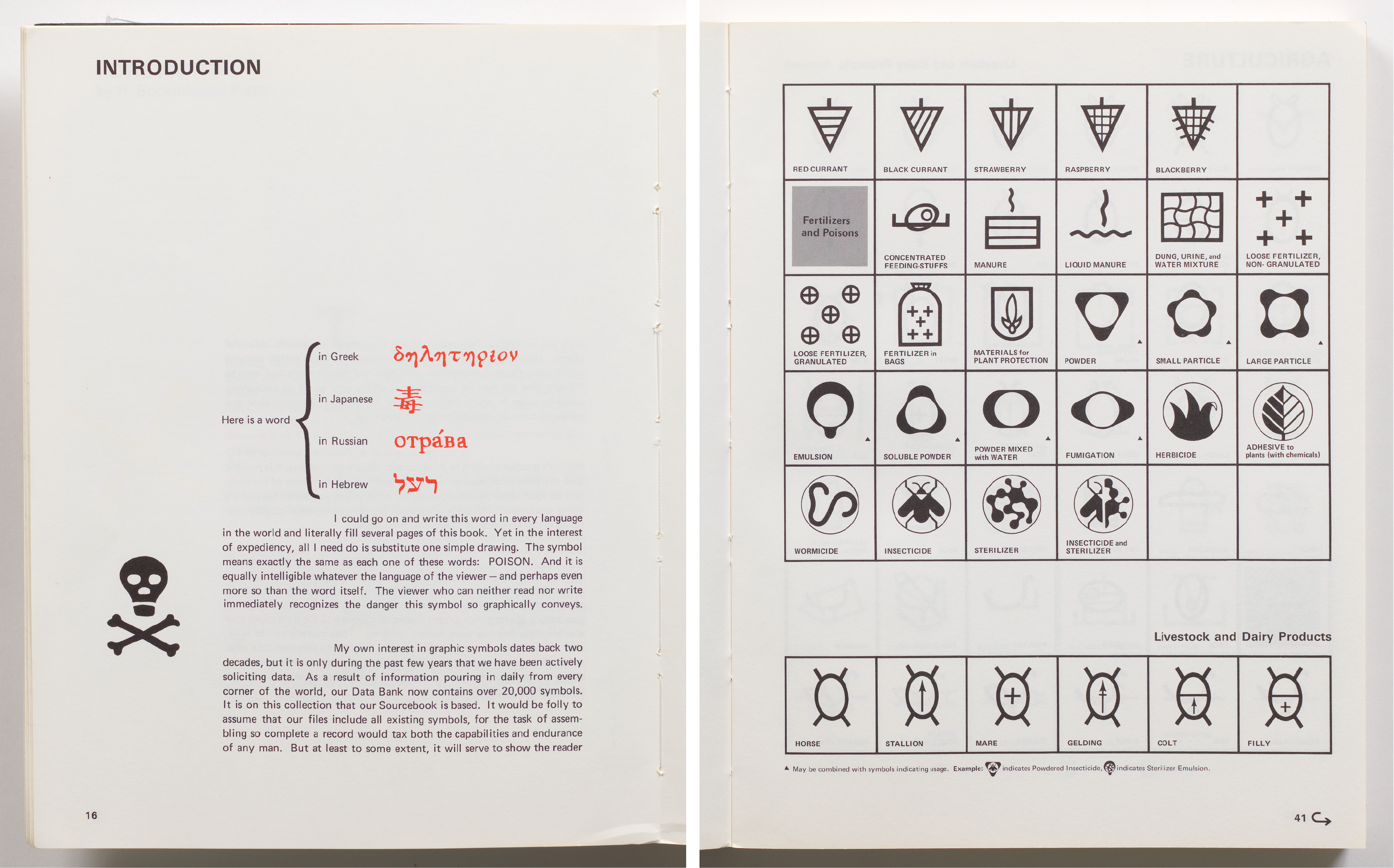 Side by side pages from a book, both with black text and images. The page on the left says 