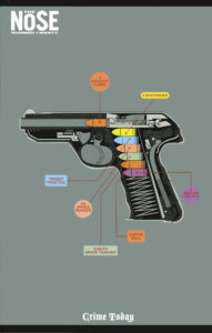 A poster featuring a diagram of a gun on a grey background.