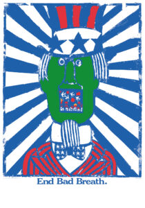 An illustration of a person with a green face and American flag clothing and top hat, mouth open revealing small plane and house icons, with radiating blue and white stripes.