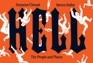 Large black text reading “HELL,” with smaller text “The People and Places,” centered with red-orange background and white illustrated figures scattered.