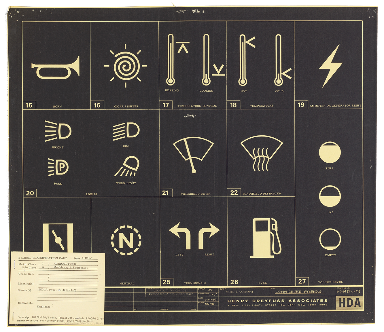 A rectangular poster with a black background and white symbols used on a dashboard set inside a white grid with labels in all capital white letters below, including an image of a trumpet with “HORN” below and an image of a vertical gas pump with “FUEL” below.