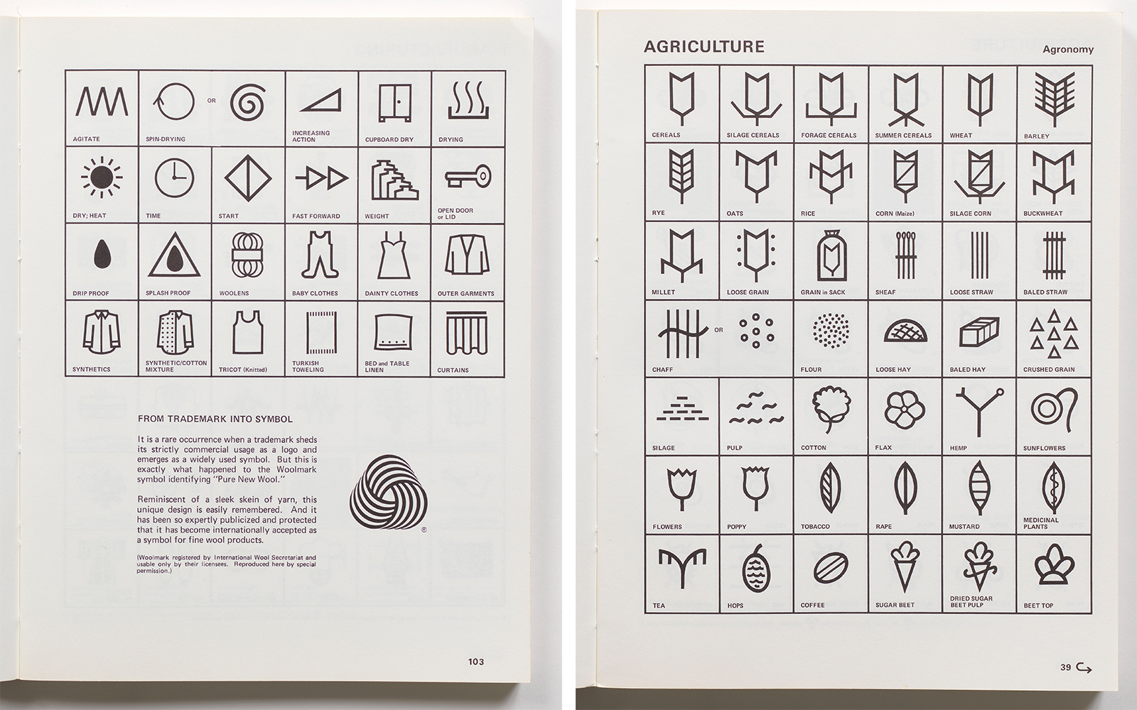 At left: Page from the book the Symbol Sourcebook showing black text and imagery on a white background; on the top half of the page is a gridded arrangement of symbols in four rows including a skein of wool with “WOOLENS” below and on the bottom half of the page is the copyright symbol for Woolmark of a triangular trail of striped black and white wool with explanatory text to the left and the heading “FROM TRADEMARK INTO SYMBOL”. At right: Page from the book the Symbol Sourcebook showing black text and imagery on a white background; “AGRICULTURE” heading at top left with gridded arrangement of symbols of crops including a silhouette of a puffy flower form with “COTTON” below.