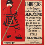 A vibrant red poster with an illustration of a man in fancy dress, announcing that Harper's Magazine only costs one shilling.