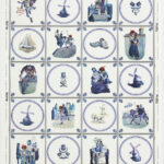 A wallpaper with delicate blue illustrations of Saint Nicholas and Black Pete within the squares of a grid on a white background.