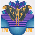 A collage-like poster in yellow, purple, and blue featuring a nude person with large butterfly wings seen from behind, with the word [Love] repeated beneath them.