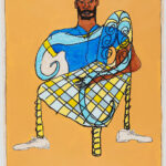 A painting of a brown-skinned man whose body seems to morph with the yellow lounge chair in front of him.