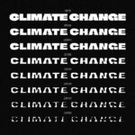 A graphic depicting the words [Climate Change] in bold white font degrading over time like ice melting.