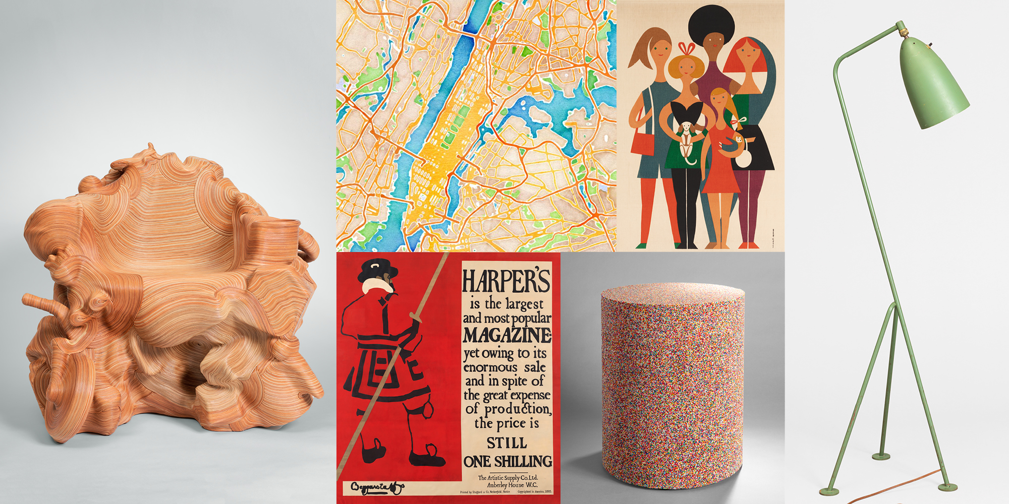 A grid of objects in Cooper Hewitt's collection, showing the breadth and depth of the museum's holdings. Objects include a chair, map, poster, stool and green lamp.