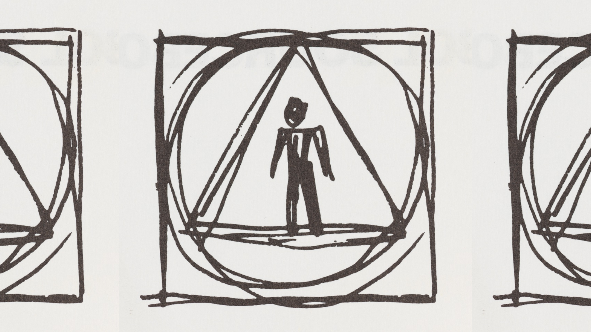 A hastily drawn symbol in black ink showing a human figure standing inside a triangle, which is inside a circle, which is inside a square.