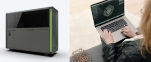 A photo of a sleek black prism-shaped machine next to a photo of a person using 3-D printing software on their laptop.