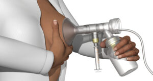 A digital rendering of a lactating person holding a pumping device to their breast.