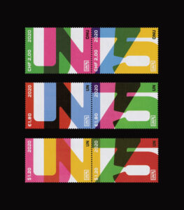 Stamps depicting [UN75] in overlapping different colors shown displaying three different currencies.