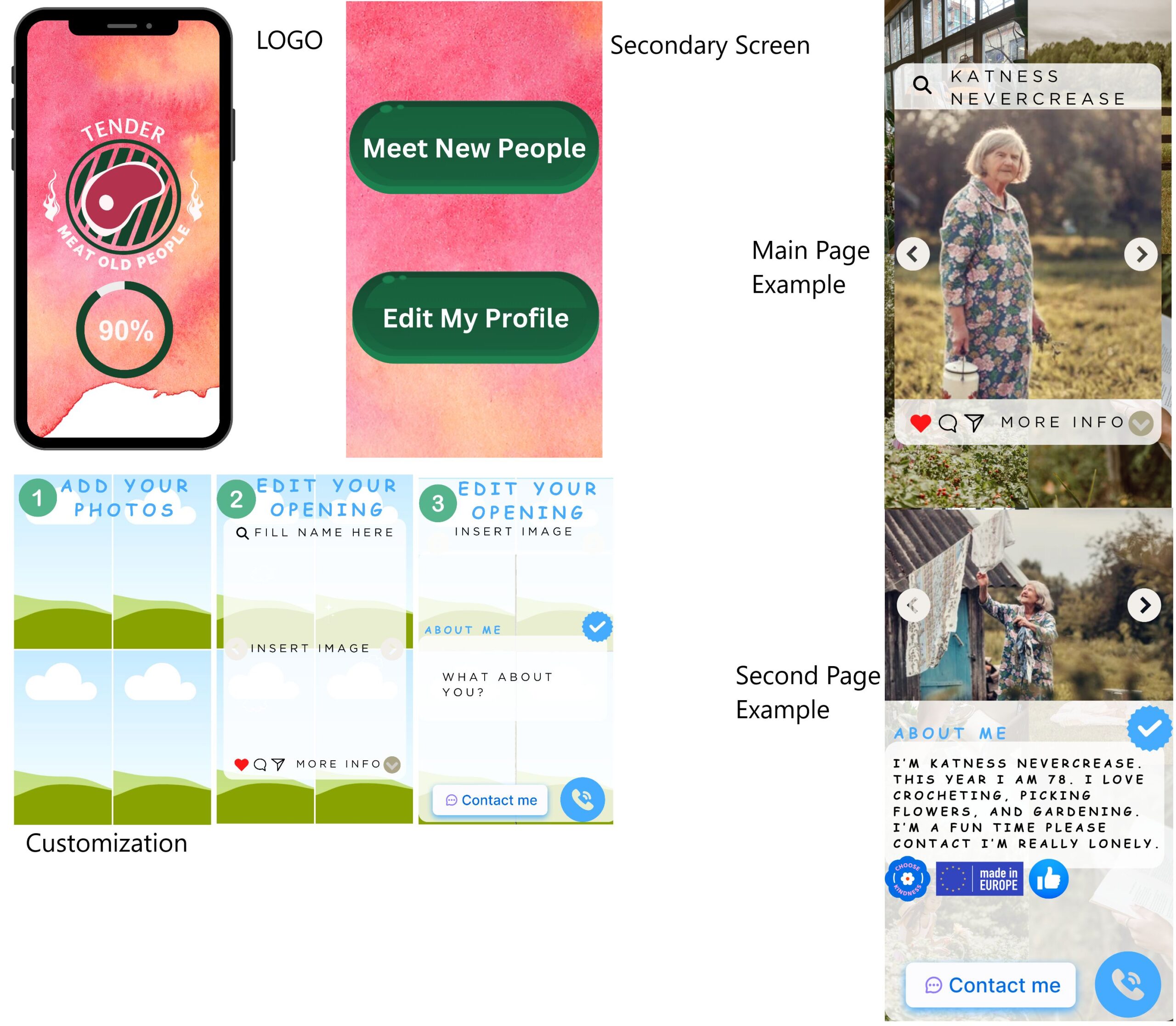 Our online meet-and-greet app, called Tender, focuses on intuitive design curated for seniors. Booting up, you’ll see a profile creation screen (after registering) where you can customize your appeal to peers.
