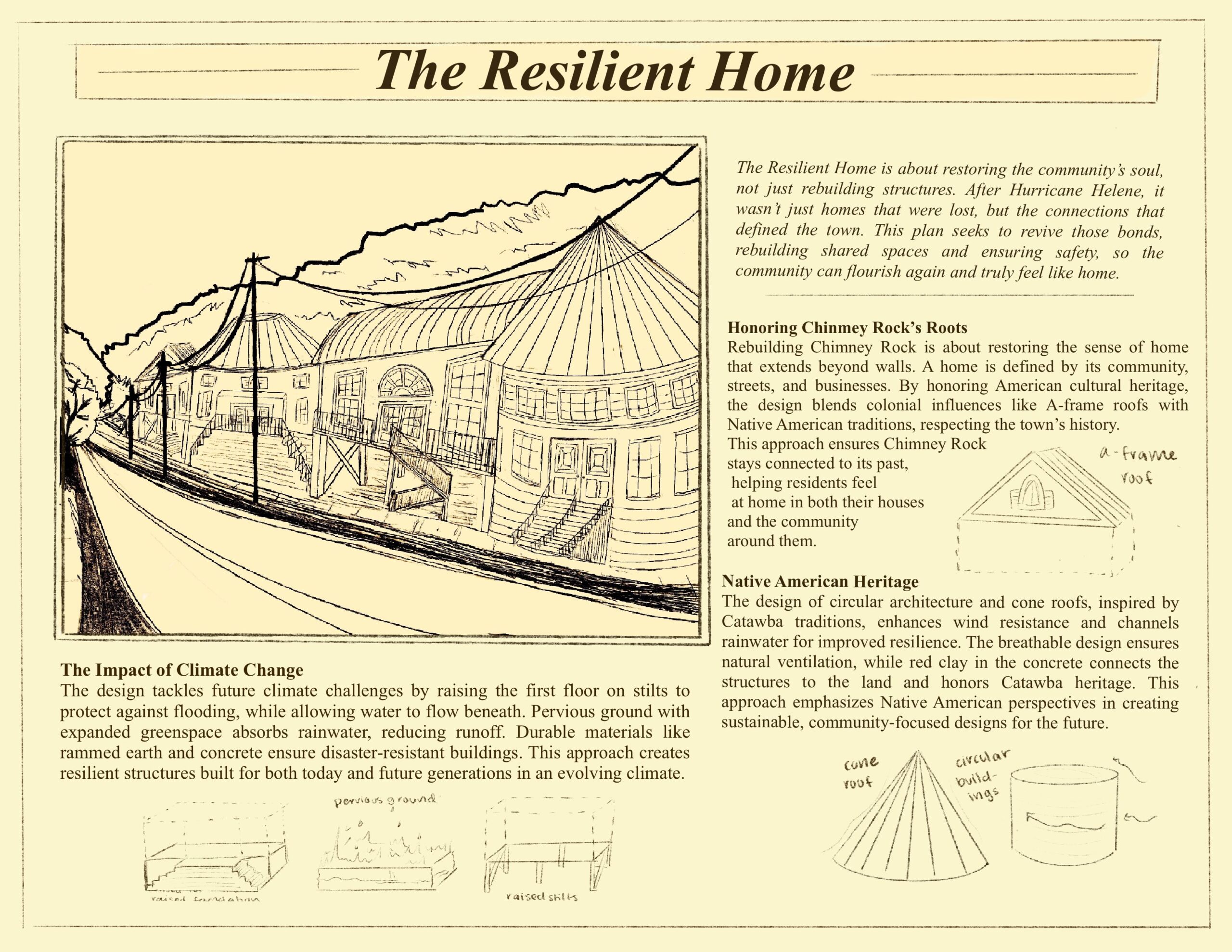 Design to rebuilt Chimney Rock, North Carolina. The design honors Catawba Indigenous architecture. It features circular structures with curved roofs for smoother wind flow and ventilation that increases downward force. Sites follow the mountain slopes and wind patterns; they use North Carolina’s red clay for thermal protection. The lofted foundation protects against floods.