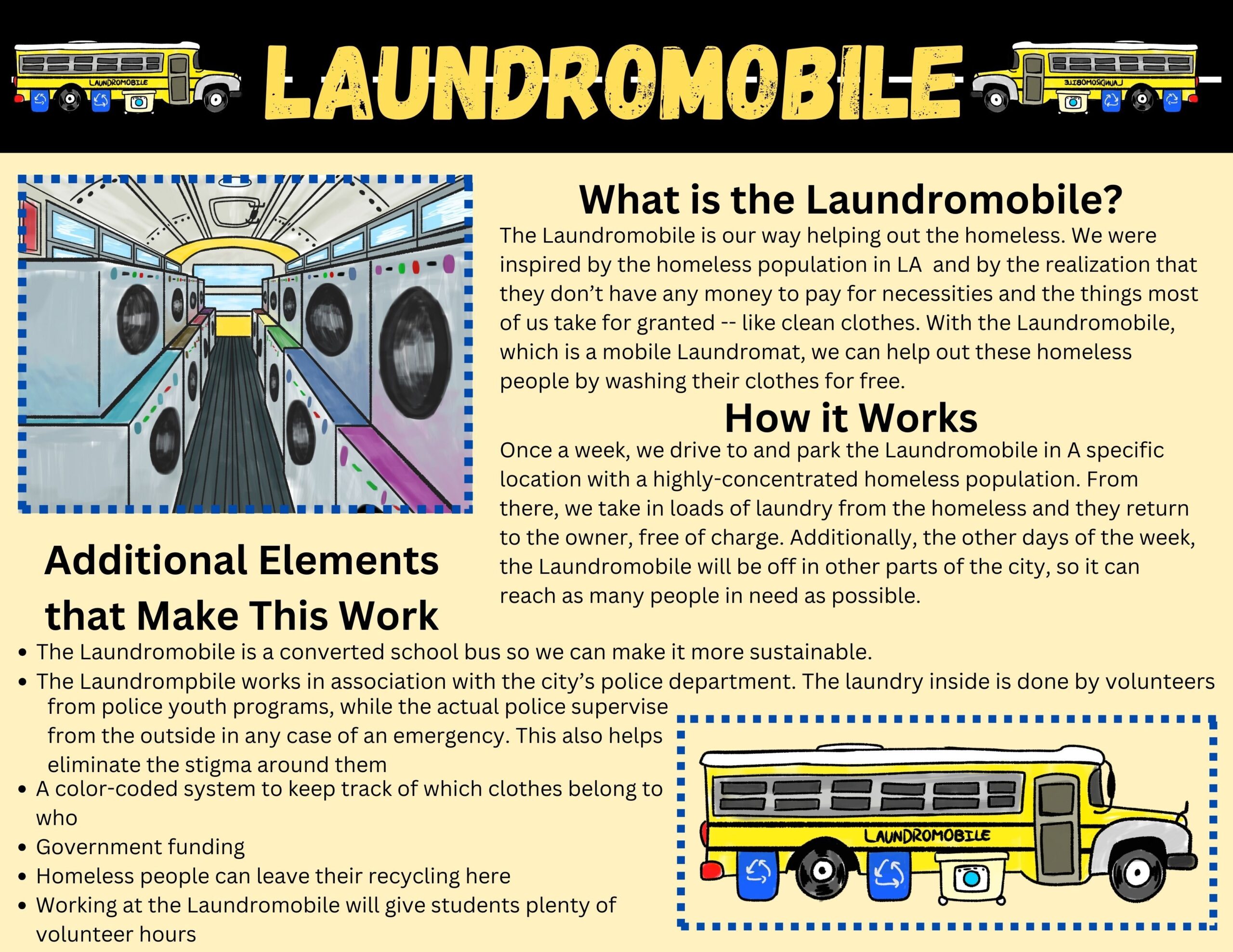 Our design is a mobile laundromat that is strategically moved to areas with high concentrations of people experiencing homelessness so they can wash their clothes without charge.