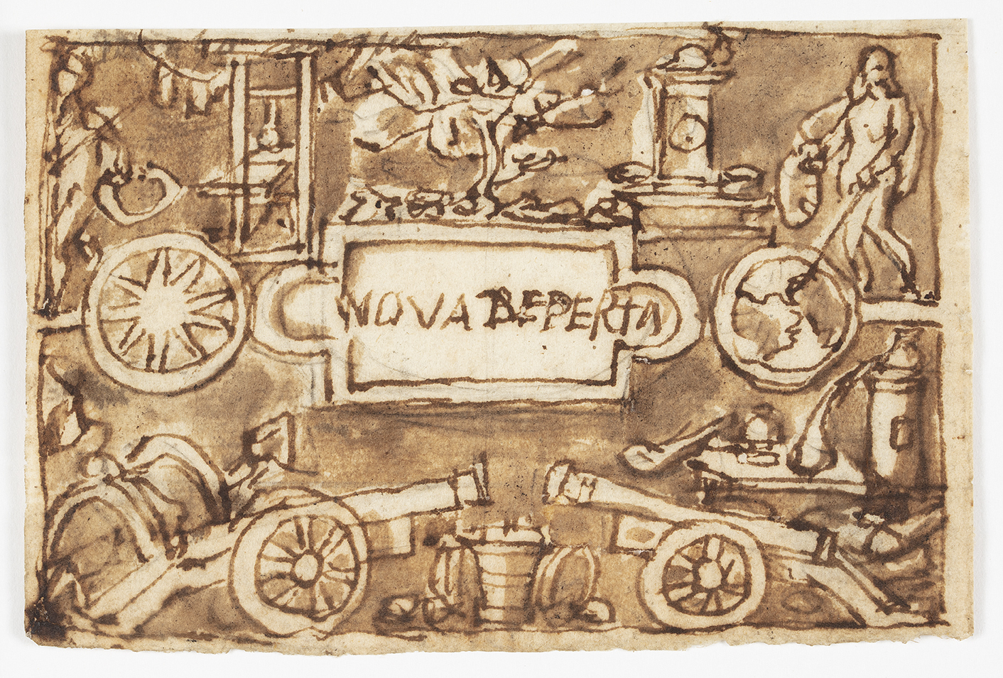 A sketch in brown ink on aged paper. Central rectangular label reads "NOVA BEPERTA".  Label is surrounded by various symbolic objects, including cannons, wheels, a printing press, and figures.