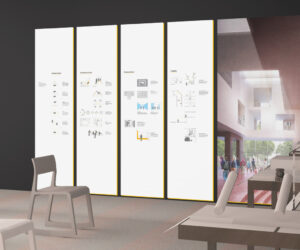 Four wall graphics feature architectural diagrams of Deaf space.