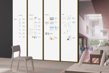 Four wall graphics feature architectural diagrams of Deaf space.