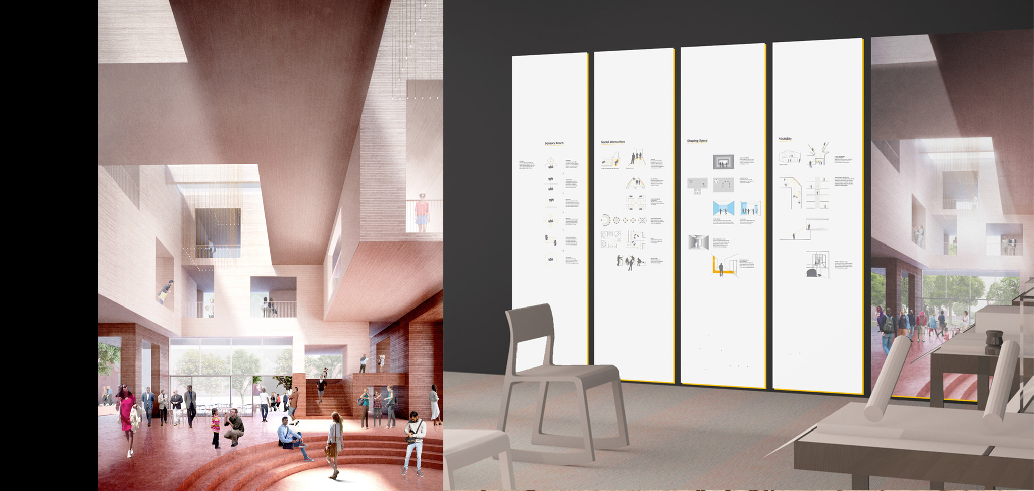 Left: 3D rendering of a Deaf space atrium, with bright natural light, tan floor seating, and high ceilings. Right: Four wall graphics feature architectural diagrams of Deaf space.