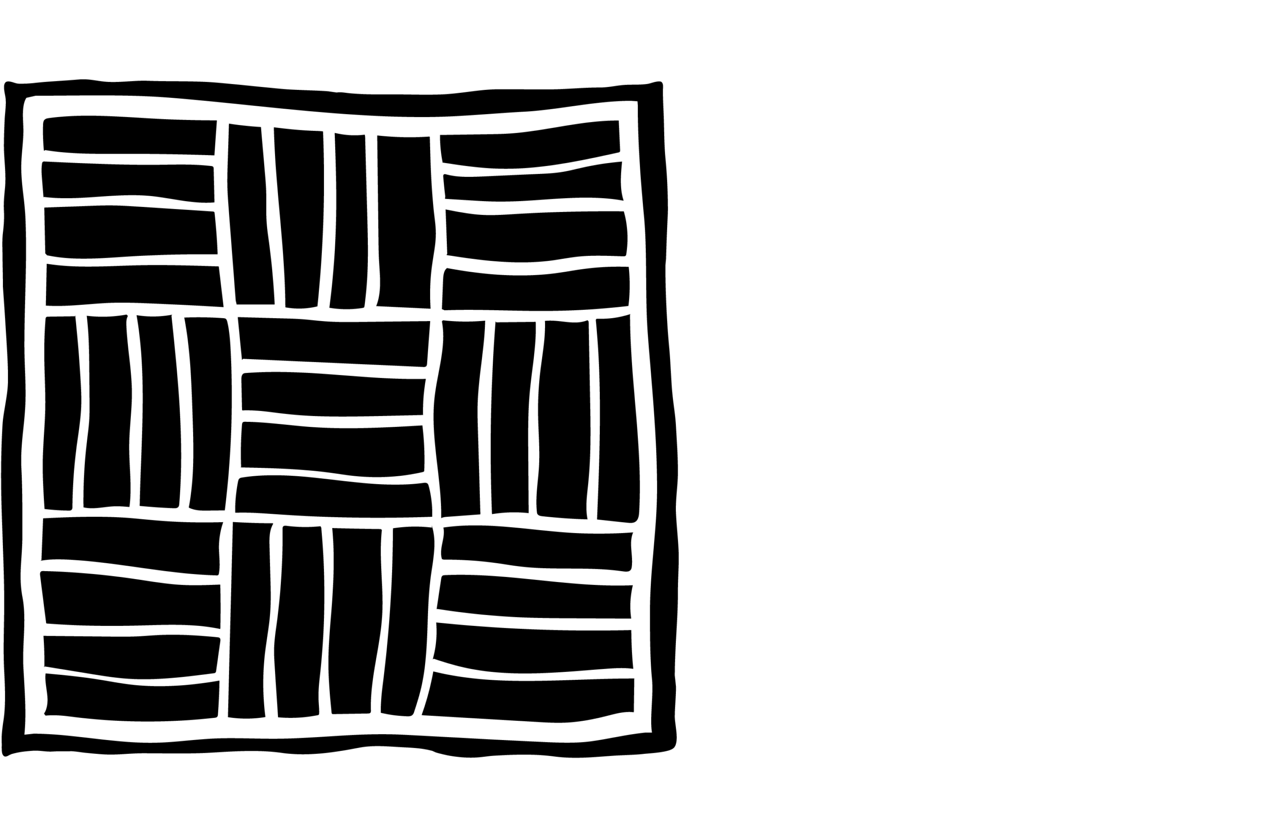 Black and white silhouette of a quilt with 9 square panels filled with horizontal and vertical stripes, enclosed by a thick black border.
