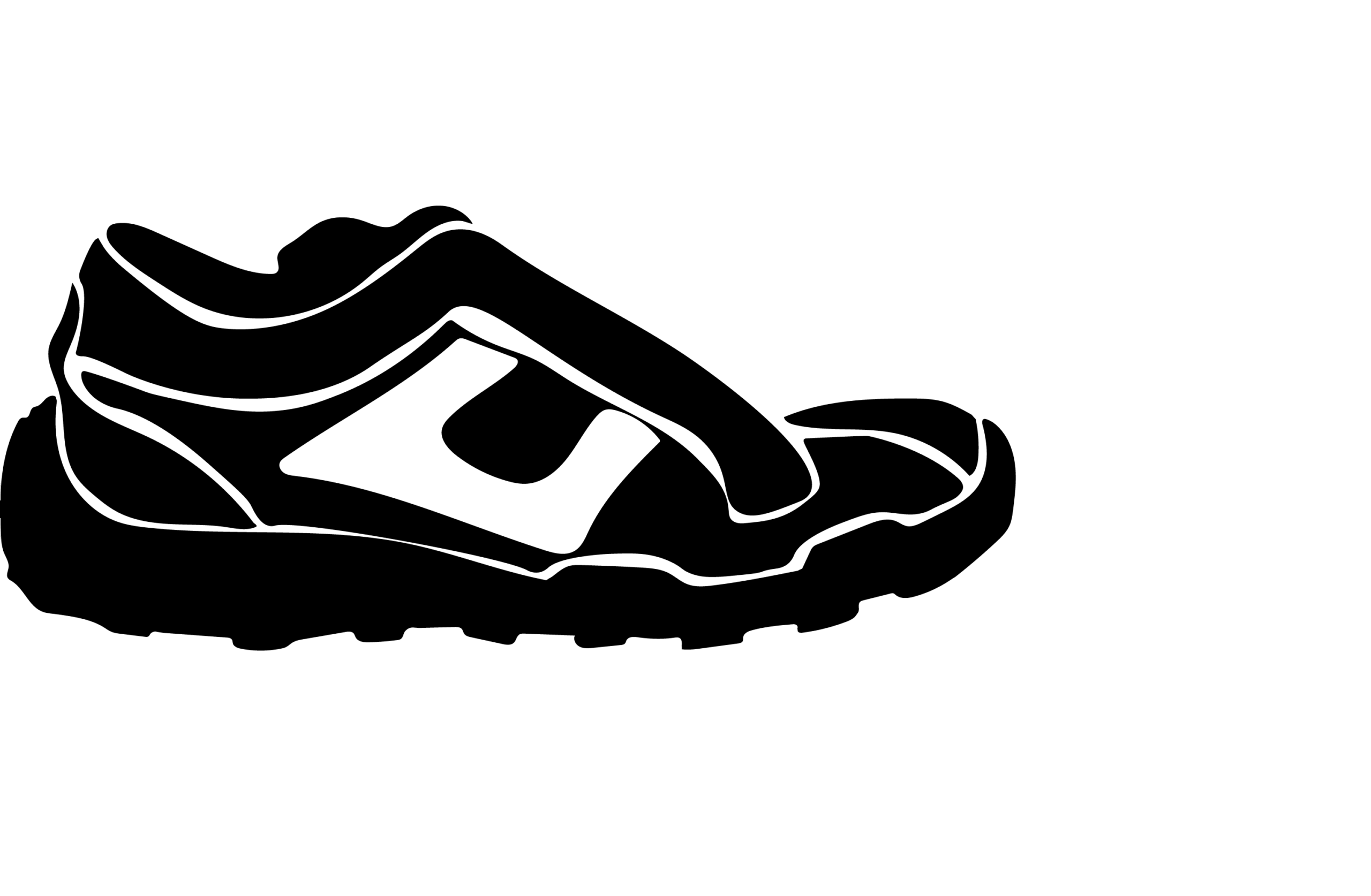 A black and white illustration of a low cut athletic show with a thick sole, shown in profile.