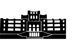 Black and white silhouette of a large, symmetrical building with multiple stores, arched windows, and a central tower.