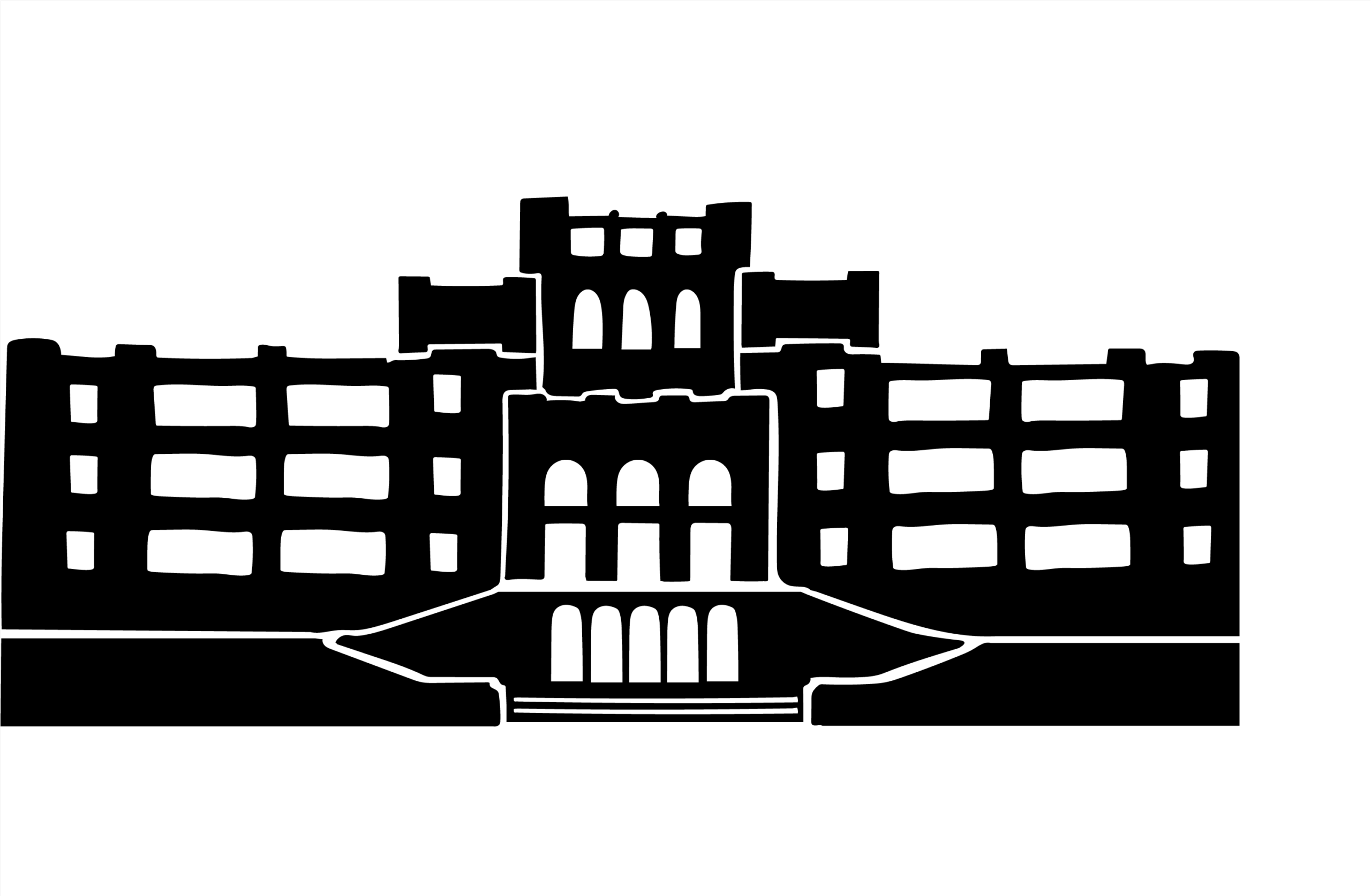 Black and white silhouette of a large, symmetrical building with multiple stores, arched windows, and a central tower.