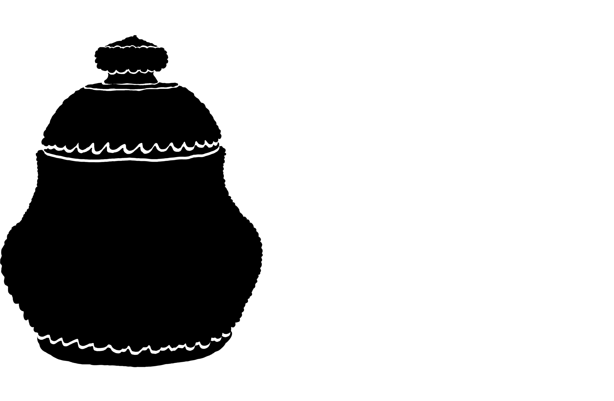 Black and white silhouette of a rounded ceramic jar with a lid, decorated with simple banded details. The base of the jar curves out then in then out again near the top.