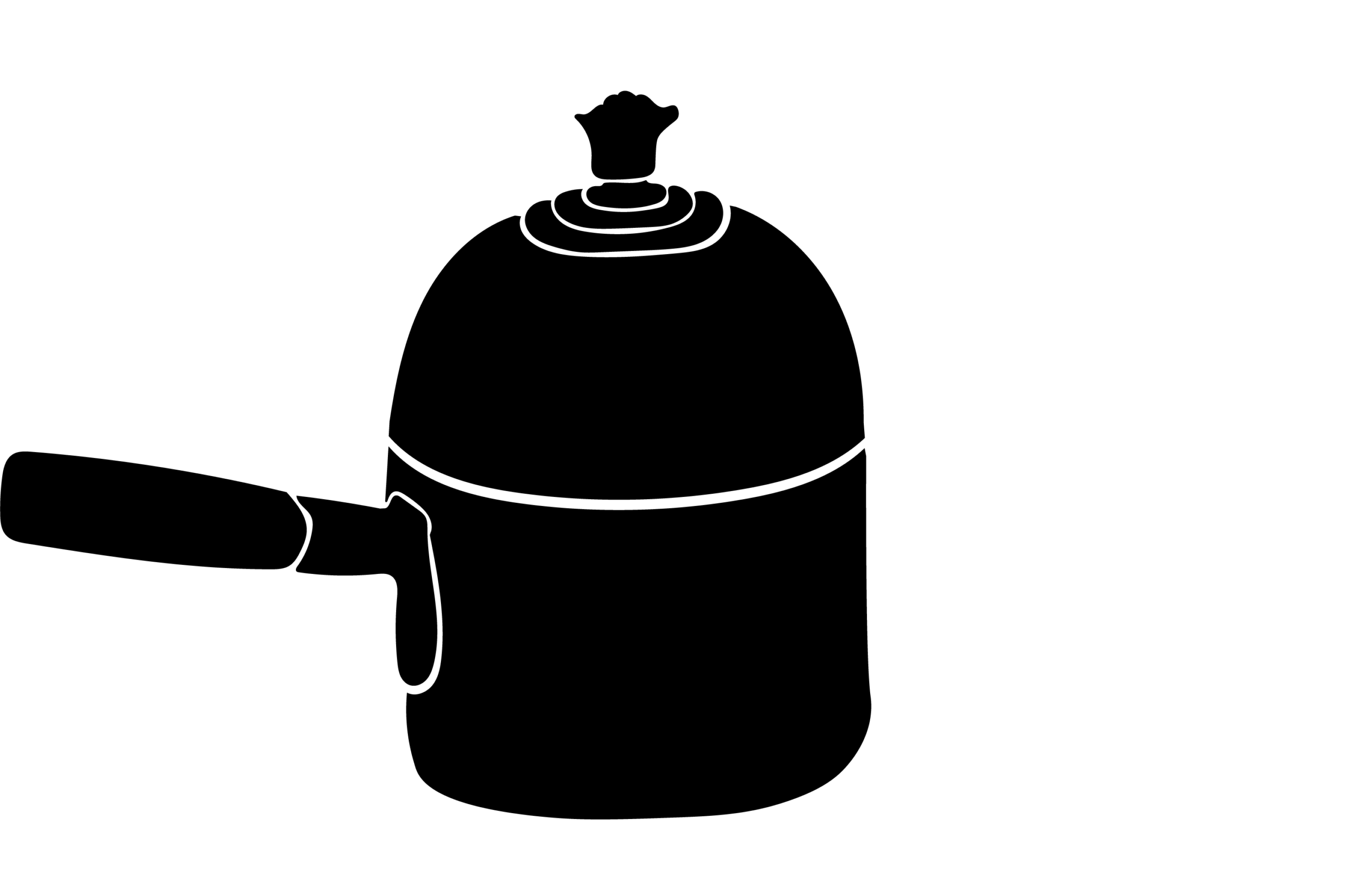 A Black and white silhouette of a lidded pot with a long wooden side handle. The base of the pot is cylindrical with a domed lid.